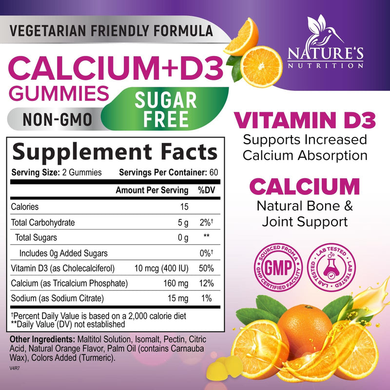 Calcium Supplement Gummies - Sugar Free Calcium Gummy with Vitamin D3 for Best Absorption - Supports Immune Health, Bones & Teeth - Nature's Calcium Chews for Women & Men, Orange Flavor - 120 Gummies 120 Count (Pack of 1)