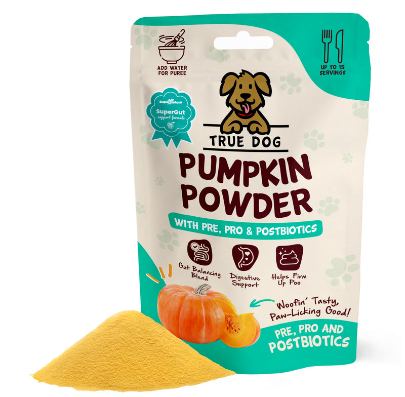 True Dog Pumpkin Powder with Pre, Pro & Postbiotics 100g | Natural Pumpkin Puree Powder for Dogs, Digestive Supplement, Stool Firming, High Fibre Dog Food Topper, Manufactured in the UK