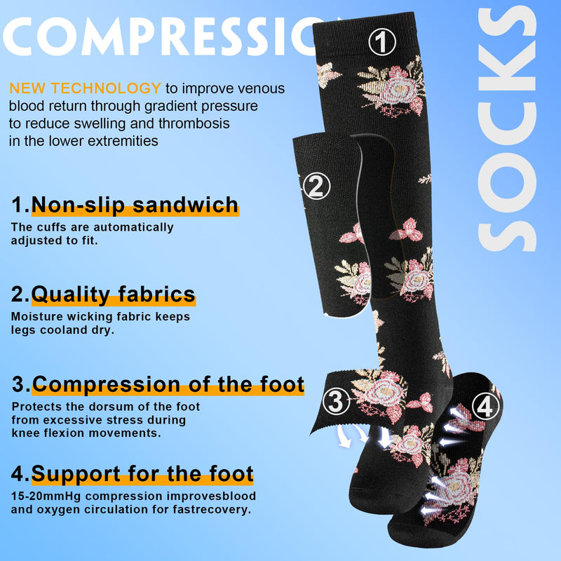 cerpite Compression Socks for Women & Men 6 Pairs Knee High Compression Socks 20-30 mmhg Best for Running,Nurse,Travel Large-X-Large Assorted - 17