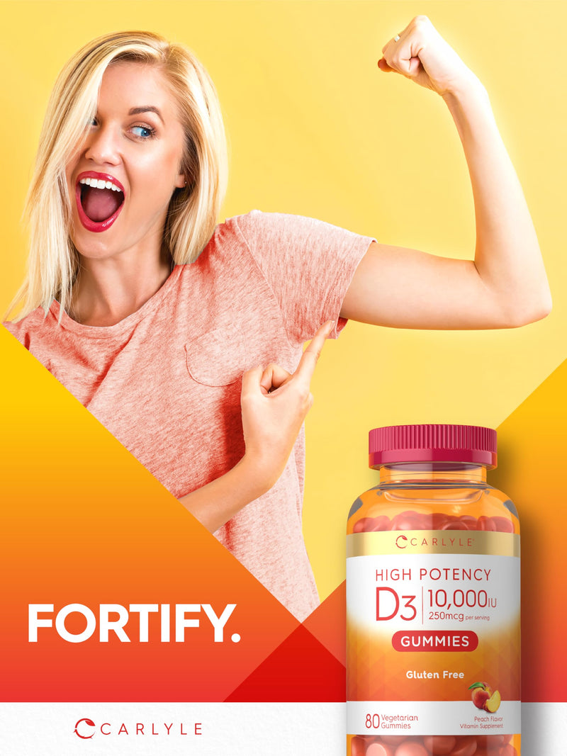 Vitamin D3 10000iu Gummies for Adults | 80 Count | Peach Flavored Gummy | High Potency For Women & Men | Vegetarian, Non-GMO, Gluten Free Supplement 80 Count (Pack of 1)
