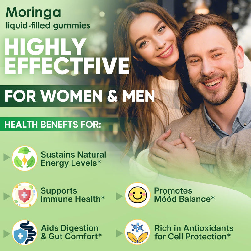 Moringa Gummies 1000mg for Women & Men Sugar-Free, 13-in-1 Superfood with Turmeric, Ashwagandha, Trans-Resveratrol, VB12 D3, Pure Moringa Leaf Supplement for Energy, Immune, Skin,Antioxidant, 2Pack 60 Count (Pack of 2)