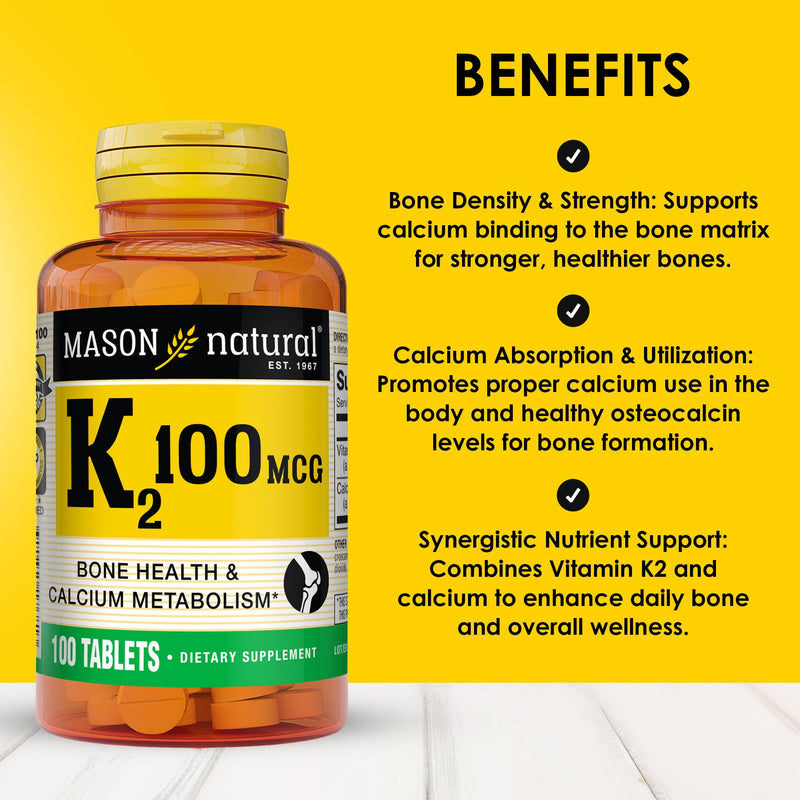 MASON NATURAL Vitamin K2 100 mcg with Calcium, 300 Day Supply | 100 mcg K2 with 40 mg Calcium to support bone health, muscle function & proper calcium metabolism; 300 tablets