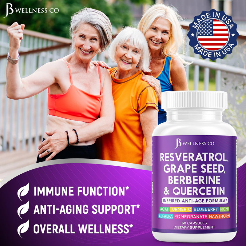 JB Wellness Resveratrol Grape Seed Extract, Berberine, Quercetin - Polyphenol Supplement for Women and Men with Noni, N-Acetyl Cysteine, Acai Extract - 60 Capsules 60 Count (Pack of 1)