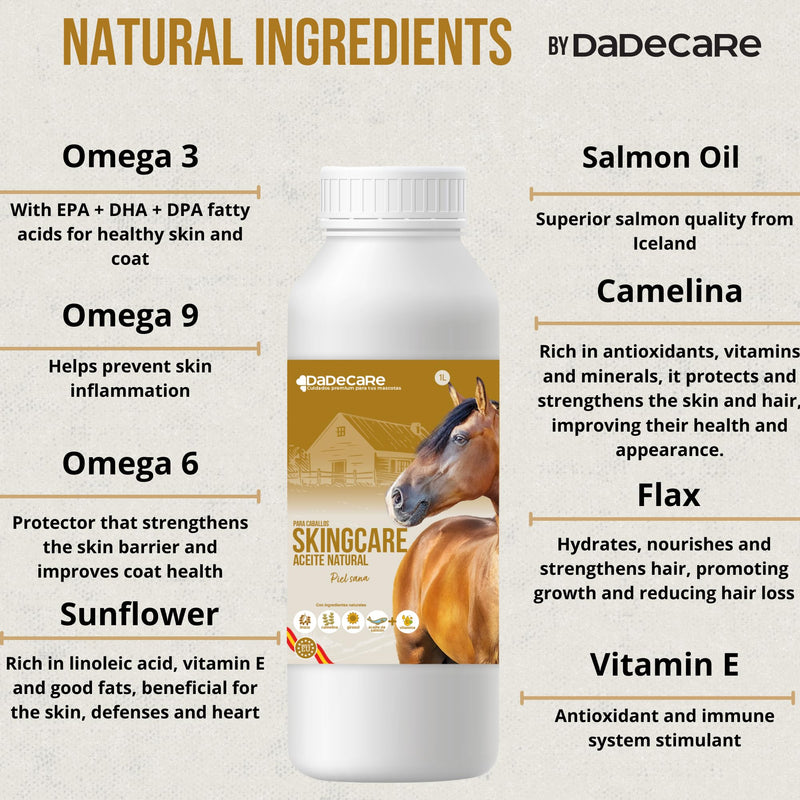 Skingcare Dermatological Oil Supplement for Horses 1L - Omega 3-6-9 with Linseed, Camelina, Sunflower and Salmon - Nutritional Support for Dry Skin, Hair Loss and Coat Health