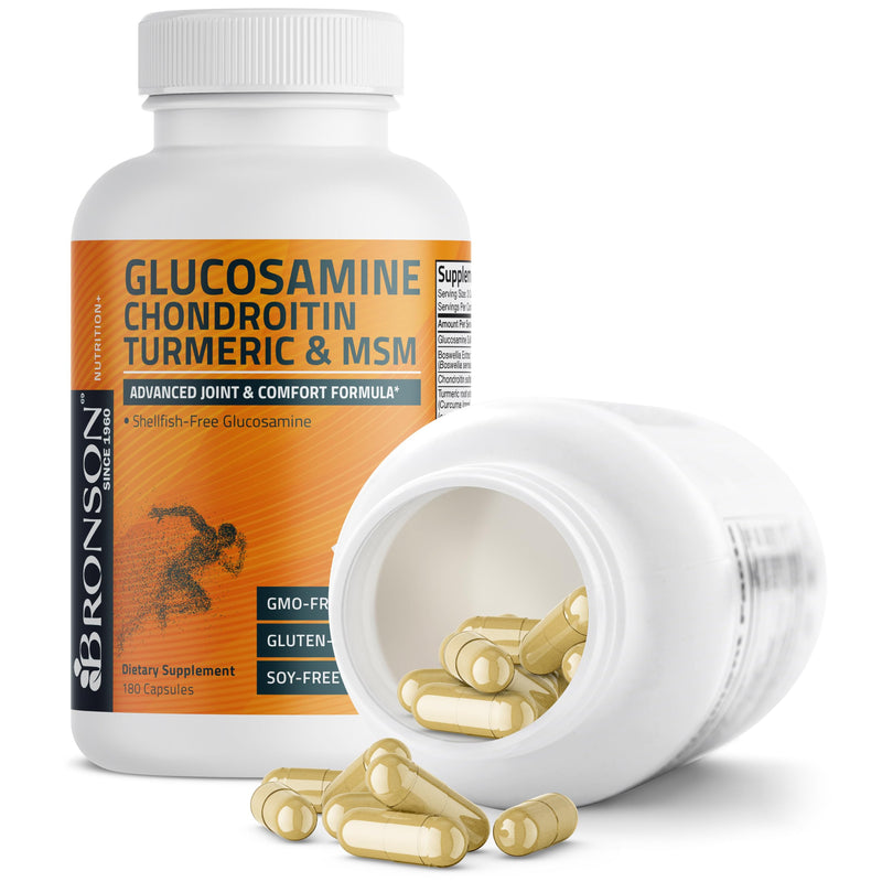 Bronson Glucosamine Chondroitin Turmeric & MSM Joint Support, 180 Capsules | Standardized Boswellia, Shellfish-Free Glucosamine, Mobility & Comfort Support, Non-GMO, Gluten-Free & Soy-Free 180 Count (Pack of 1)