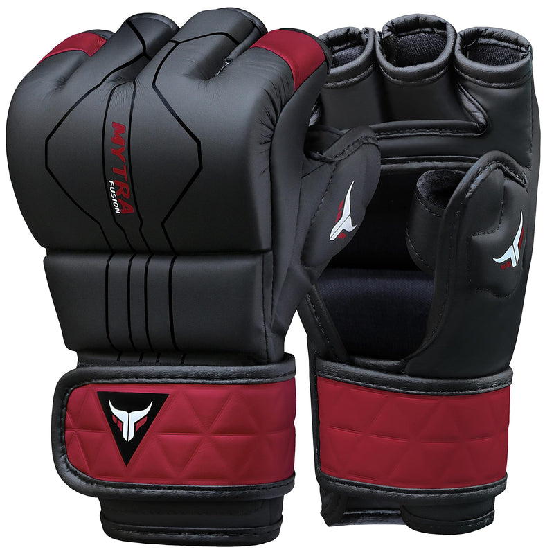 Mytra Fusion MMA Gloves with Open Ventilated Palm Sparring Gloves Kickboxing, Grappling, Training, Cage Fighting Mixed Martial Arts Gloves Black/Maroon Medium