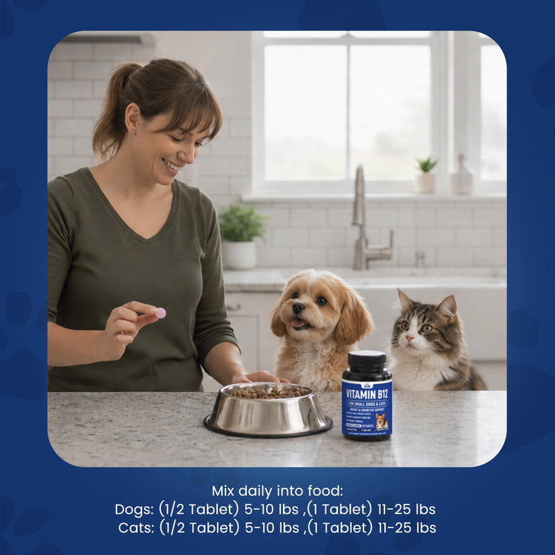 Vitamin B12 Supplement for Small Dogs & Cats with Cobalamin, Folate - Vitamin B12 Dogs and Cats Tablet Energy & Cognitive Support - 120 Chicken Flavored Chewable Tablets -Third Party Tested, Non GMO