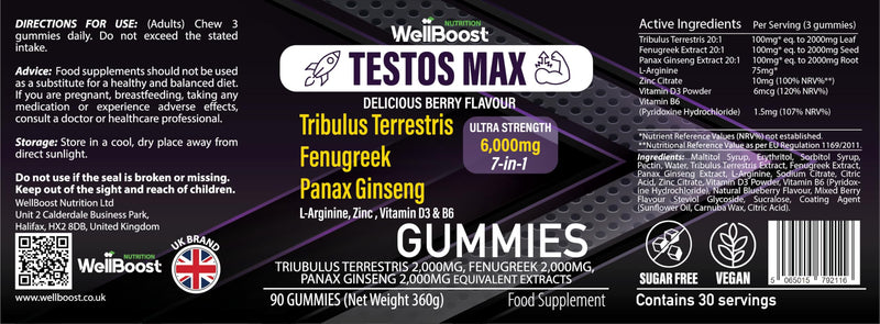 Testos MAX Strength Gummies - 6000mg 7-in-1 Tribulus, Fenugreek, Ginseng, L-Arginine, Zinc, Vitamin D3 & B6 - Vegan, Sugar-Free, Berry Flavour - Supports Muscle Growth & Vitality for Adults