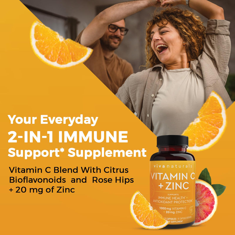 Viva Naturals Vitamin C and Zinc Supplements 1000mg - Zinc 20mg (250 Veggie Capsules) - High-Potency & Vitamin C with Zinc for Immune Support - Non-GMO, Gluten Free (8 Months Supply) Vitamin C + Zinc 250 Count (Pack of 1)