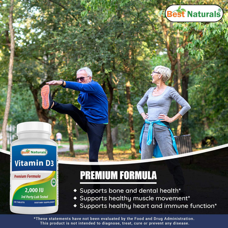 Best Naturals Vitamin D3 2000 IU (50 mcg) - 100 Tablets - 100 Days Supply - Helps Support Immune Health, Strong Bones and Teeth, & Muscle Function (100 Count (Pack of 1)) 100 Count (Pack of 1)