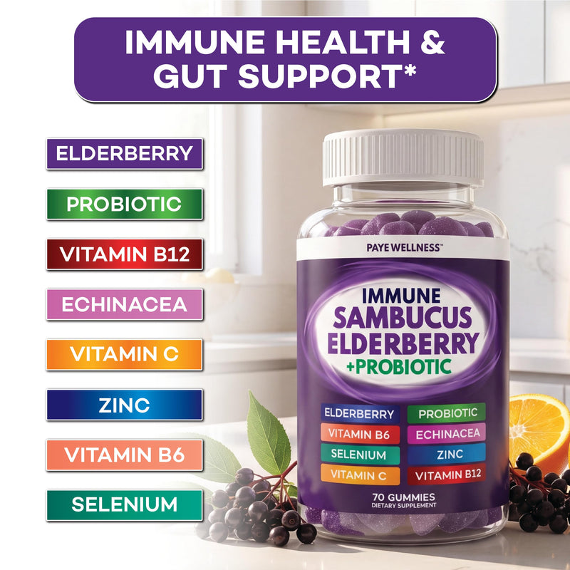 PAYÉ Elderberry Gummies, Vitamin C Immune Support Supplement + Probiotic Gut Health - Sambucus, Echinacea, Vitamin B, Zinc, Selenium, 70 Gummies for Adults and Kids 70 Gummies (Pack of 1)