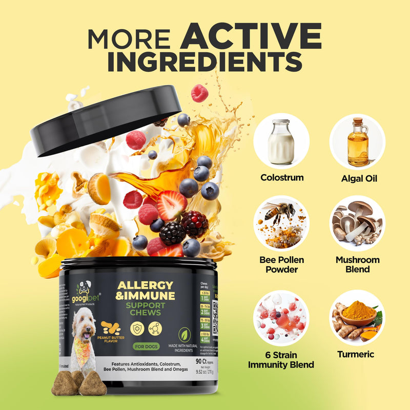 Googipet Dog Allergy Chews, Seasonal Dog Allergy Relief & Itchy Skin Relief, Skin & Coat Supplement Colostrum, Coconut Oil, Omega 3 Fish Oil, & Bee Pollen for Dogs Itch Relief (Peanut Butter Flavor) Allergy Chews (Peanut Butter Flavor)