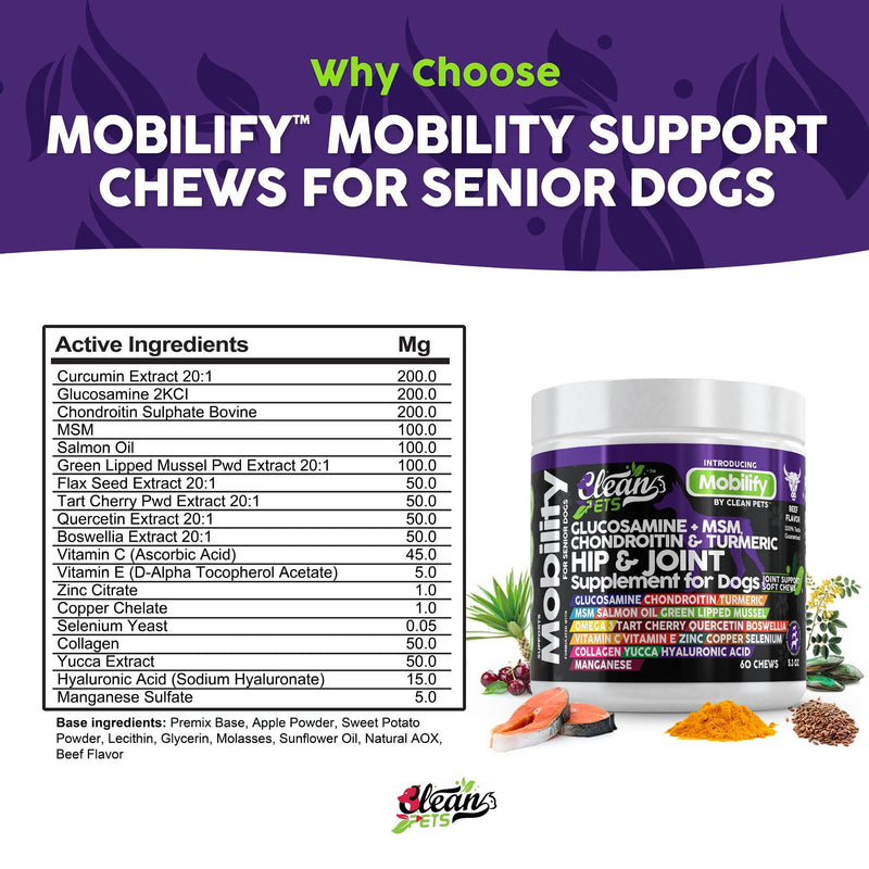 Clean Pets Hip and Joint Supplement Dogs with Glucosamine for Dogs + Chondroitin, Turmeric, Hyaluronic Acid, MSM, Salmon Oil, Collagen, Vitamin C, Omega 3 Senior Dog Supplements Beef Flavor - 1Pack 60 Count (Pack of 1)