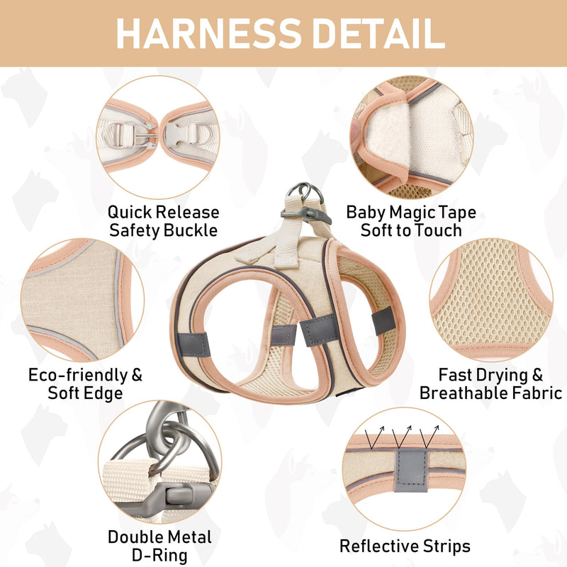 GAMUDA Small Pet Harness Collar and Leash Set, Step in No Chock No Pull Linen Fabric Soft Mesh Dog Vest Harnesses Reflective for Dogs Puppy Cats Kitten Rabbit (Khaki, S) Khaki - BeesActive Australia