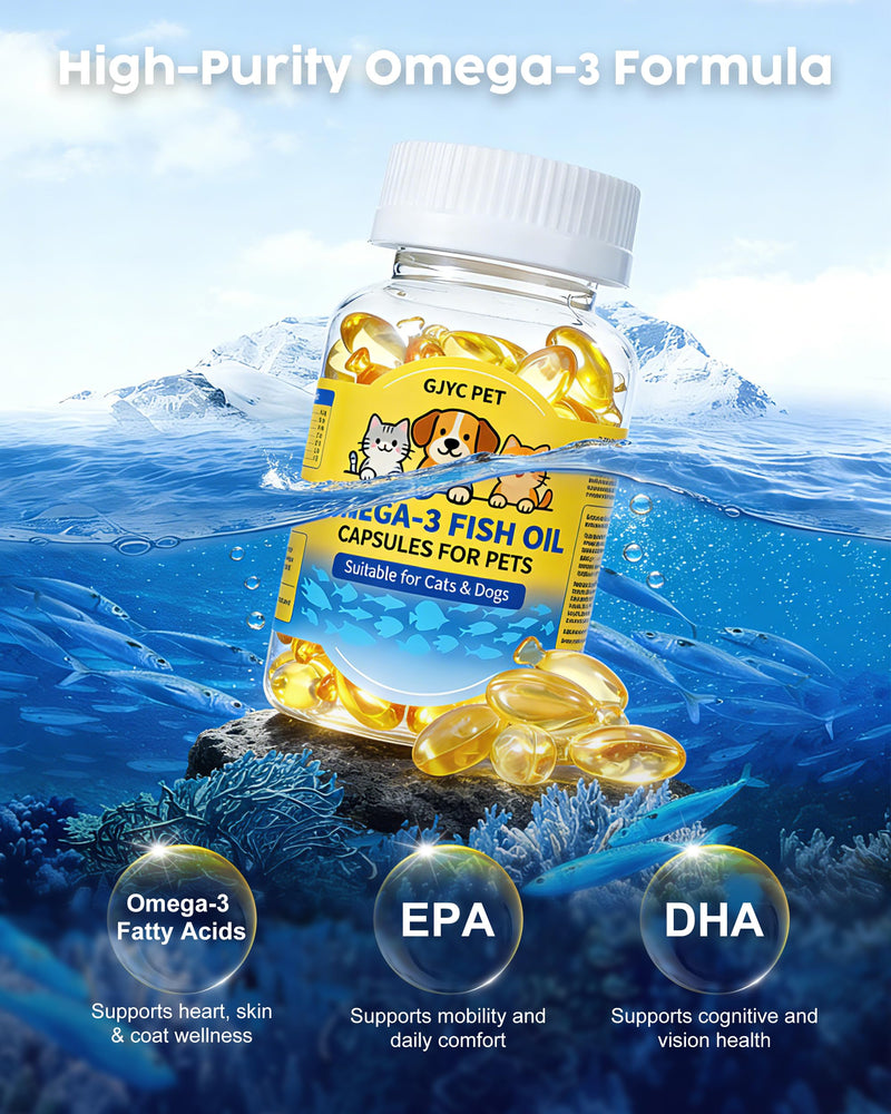 Fish Oil for Dogs & Cats – Deep Sea Omega-3 EPA & DHA for Skin & Coat Health – Daily Wellness Supplement with Vitamins A, D3 & E – 60 Softgels