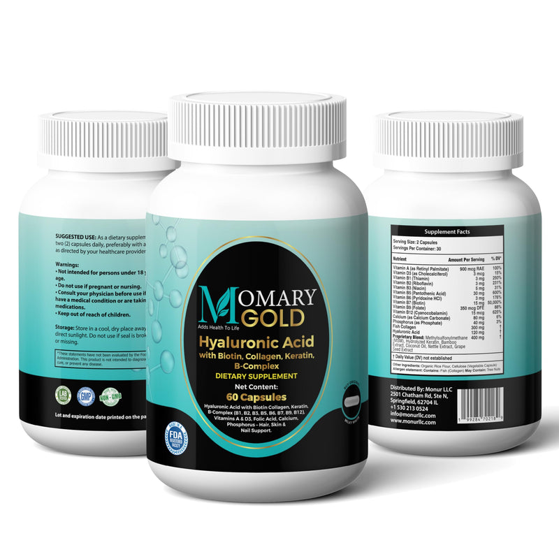 MOMARY Gold Hyaluronic Acid with Biotin, Collagen, Keratin, B-Complex (B1, B2, B3, B5, B6, B7, B9, B12), Vitamins A & D3, Folic Acid, Calcium, Phosphorus – Hair, Skin & Nail Support – 60 Capsules Capsule