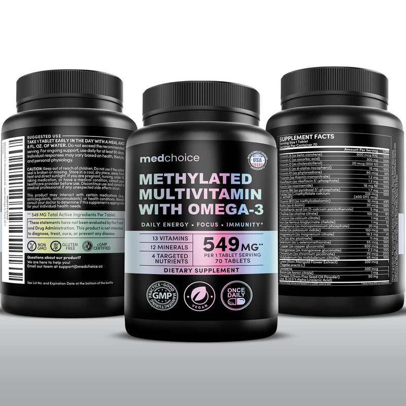 Complete 29-in-1 Methylated Multivitamin for Men & Women with Omega-3, Once Daily, 13 Vitamins, 12 Minerals, 4 Targeted Nutrients, Active B12, 5-MTHF Folate, P5P B6, Vegan, 70 Servings (3-Pack) 70 Count (Pack of 3)