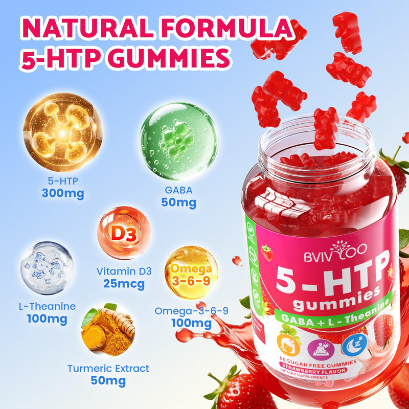 2 Pack 5-HTP Gummies + GABA - L-Theanine, Vitamin D3, Circadian Rhythm for Adults, Strawberry Flavor, 120 Count 2pack