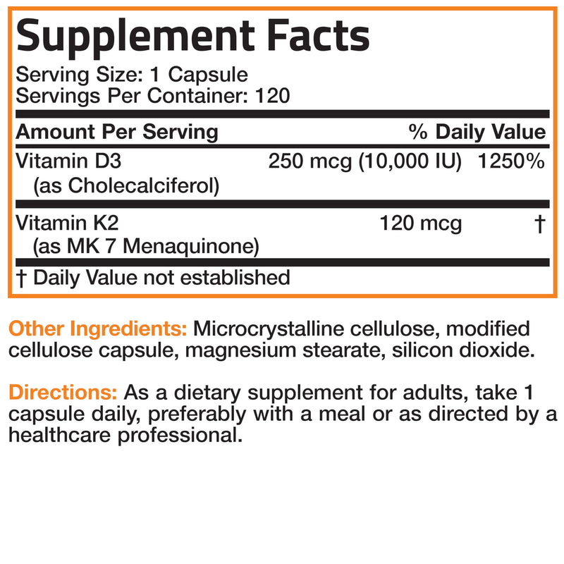Bronson Vitamin K2 D3 (MK7) Extra Strength D3 & K2 Complex, 120 Capsules | Bone, Immune & Heart Health Support, Gluten Free, Soy Free, Non-GMO, Vitamin D3 10,000IU (250 mcg) & 120 mcg K2 MK-7 120 Count (Pack of 1)