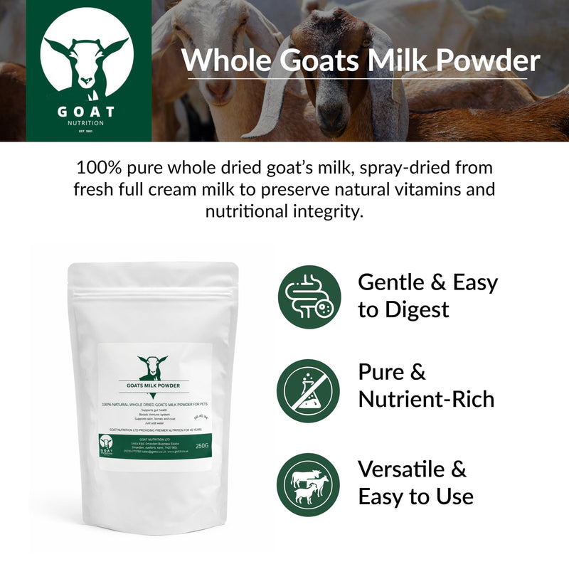 GOAT NUTRITION Est. 1981 Whole Dried Goats’ Milk Powder 250g | Natural Goat Milk Supplement for Dogs & Puppies | Rich Creamy Taste & Natural Vitamins | Resealable Pouch