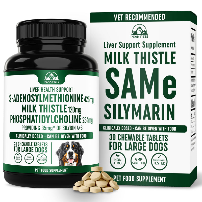 Liver Support Supplement for Large Dogs with Silymarin (Same & Silybin) S-Adenosyl-L-methionine (SAM-e) & Silybum (Milk Thistle) Dog Liver Supplement - 3rd Party Tested, Non GMO - 30 Chewable Tablets Large Dogs (Over 35 lbs)