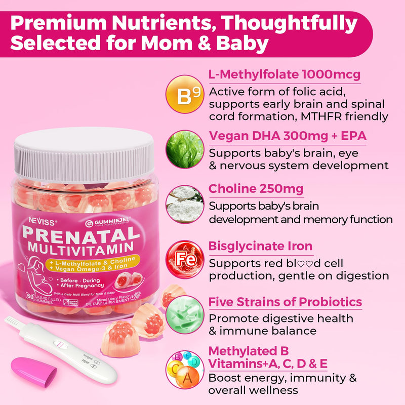 Prenatal Multivitamin Gummies w/ Methylfolate Omega-3, Iron Choline, 120Cts | Prenatal Vitamins for Women Gummies w/ Iodine, Biotin, B6 B12 D3 for Prenatal, Pregnancy, Postpartum,Vegan Non-GMO,Sugar Free 60 Count (Pack of 2)