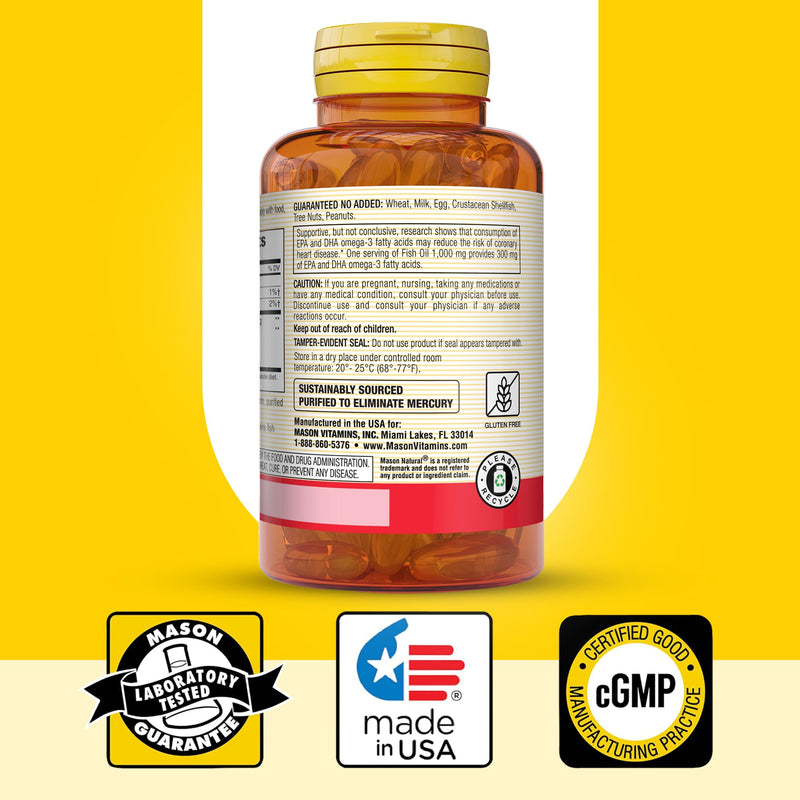 MASON NATURAL Omega-3 Fish Oil 1000mg with EPA & DHA, 180 Day Supply | 300mg omega-3 per serving with 180mg EPA & 120mg DHA to support normal cognitive & joint function; 180 softgel pills 60 Count (Pack of 3)