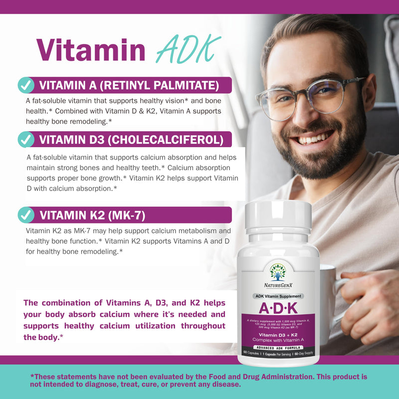 NatureGenX ADK Vitamin Supplement – Vitamins A, D3 & K2 MK-7 for Bone Health & Calcium Absorption – Gluten-Free, Non-GMO, Soy-Free – 120 Capsules, 2-Pack (4-Month Supply) | For Bone Health & Calcium Absorption - Immune Support, Gluten-Free, Non-GMO, So...