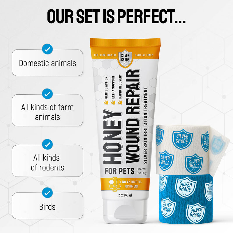 Hot Spot Treatment For Dogs & Cats to Help with Scratches, Cuts, Bites – Set of Honey Wound Repair Ointment in Gel Form + 2 Bandages – Horse & Dog Wound Care with Silver & Honey – All Pets Care – 2 Oz Honey gel - 2 Fl Oz