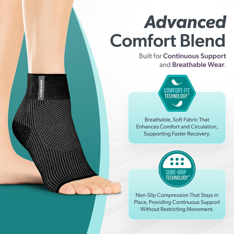 BraceAbility Ankle Compression Sleeve for Sprained Ankle - Achilles Tendonitis Support Sleeve for Swelling Relief, Arthritis, Plantar Fasciitis, Peroneal Foot Brace for Women and Men (Black - M/L) Black