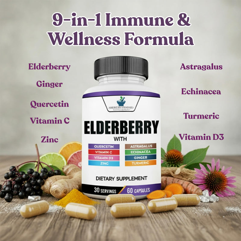 American Standard Supplements Elderberry Extract with Quercetin, Vitamin C, D3, Ginger, Zinc, Turmeric, Astragalus and Echinacea – 60 Capsules, 30 Servings 60 Count (Pack of 1)