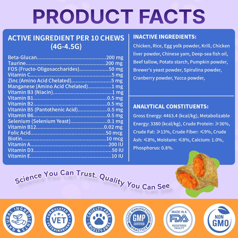 Taurine for Cats Vitamins Treats, 18 in 1 Cat Multivitamins Treats 500 Crunchy & Krill Chews Cat Vitamins with Taurine Supplements for Heart Vision Immune Digestion Skin & Coat Support for All Ages