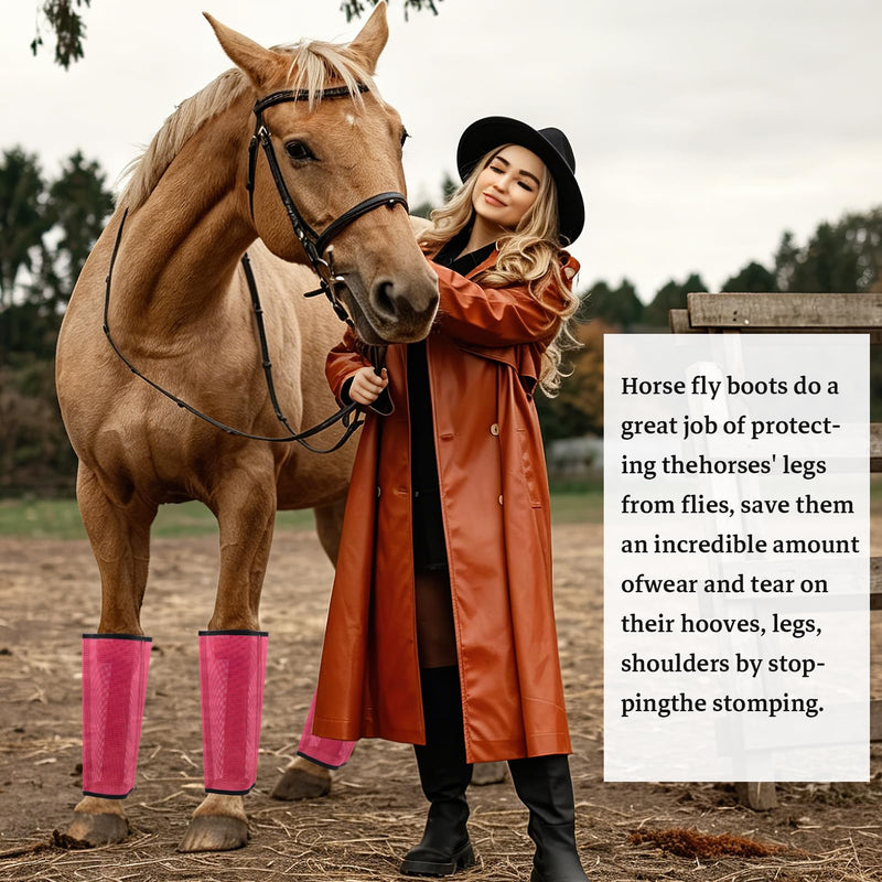 Mesh Horse Fly Boots Set of 4 Loose Fitting Breathable Leggings for Horses, Adjustable Anti-Stomping Leg Wraps, Stay-Up No-Slip Design for All 4 Legs, Pink