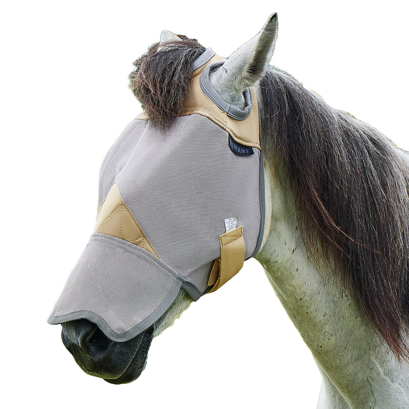 DEERFAMY Adjustable Horse Fly Mask, High-Quility Net Mesh Mask with Large Eye Space,Full Coverage, Soft & Gentle on Skin, No Ears but with Nose (Gold, L) Gold Horse(L) - BeesActive Australia