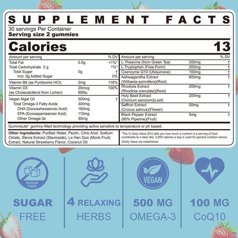 Ashwagandha Mood Support Supplement Calm Relax Gummies for Women Men, 120ct | Natural Calming Gummies for Adults with Vitamin D3 B6, Vegan Omega 3, L-Theanine, CoQ10 & Rhodiola Rosea, Vegan, Sugar Free 60 Count (Pack of 2)