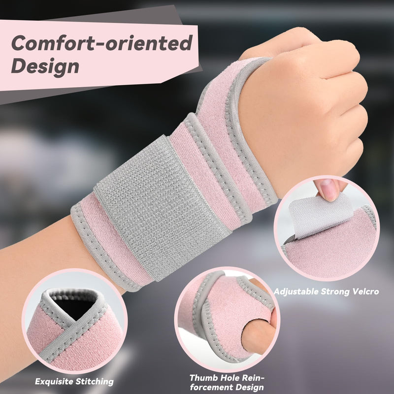 Carpal Tunnel Wrist Brace for Right Left Hand 2 Pack, Wrist Support Wraps for Women Men, Adjustable Wrist Brace for Tendonitis, Arthritis, Weightlifting, Sports, Day Night Support, Pink Pink, Wrist Support Brace, 2 Pack(Left and Right Hands)