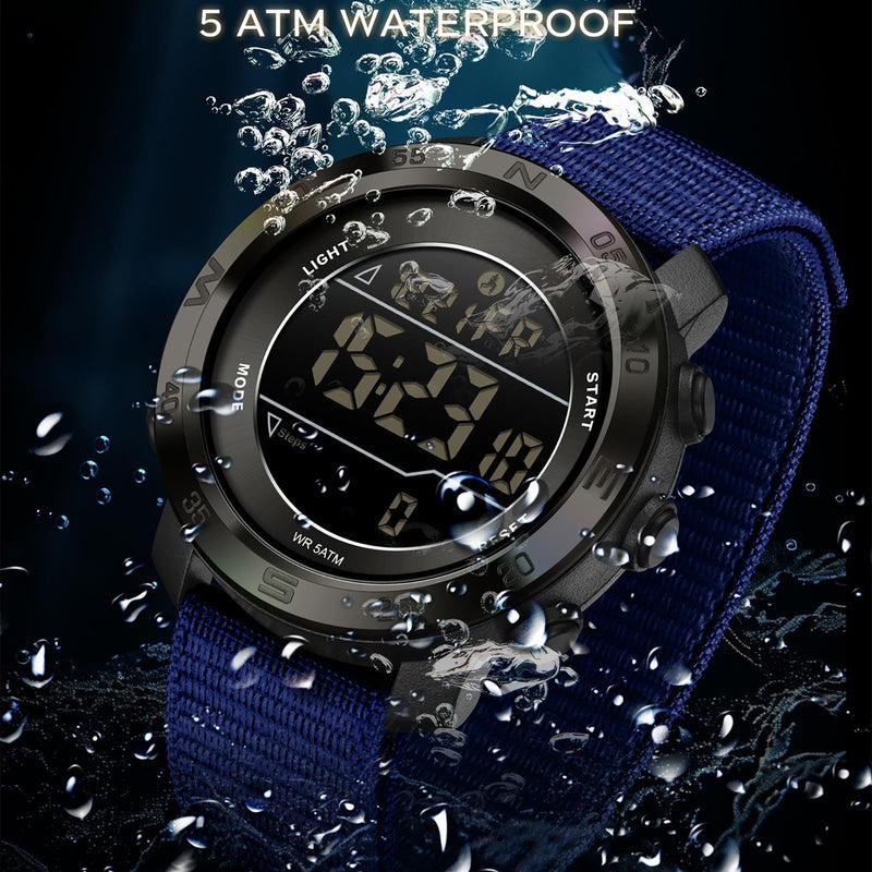 findtime Step Counter Watch No Phone Needed Pedometer for Walking Mens Women's Digital Watches with Calories Distance Alarm Countdown Timer Nylon Strap Blue Black Blue