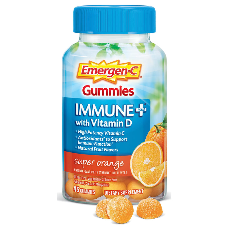 Emergen-C Immune+ Immune Gummies, Vitamin D plus 750 mg Vitamin C, Immune Support Dietary Supplement, Caffeine Free, Gluten Free, Super Orange Flavor - 45 Count - BeesActive Australia