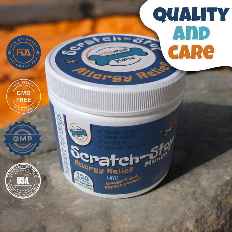 Plates Scratch-Stop Calming Chews for Dogs with Allergies and Itchy Skin, Essential Dog Allergy Relief and Vitamins Supplement for Immune Support, Omega-3, and Gut Health, Seasonal Allergies - BeesActive Australia