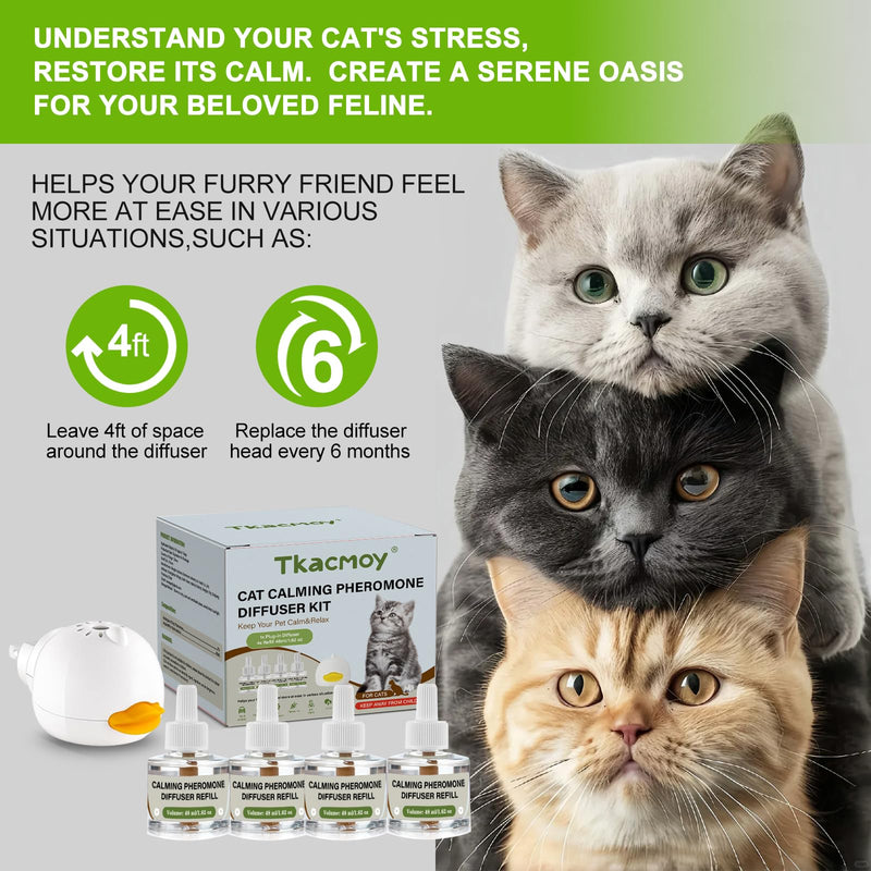 Cat Calming Diffuser, 4-in-1 Pheromone Refills for Anxious Cats, 120-Day Continuous Stress Relief for Multi-Cat Harmony A