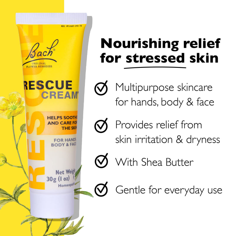 Bach Rescue Cream, Hydrating Skincare for Hands, Body and Face, Shea Butter, Homeopathic Stress Relief Flower Essences, Fragrance-Free, Paraben-Free, 3 Pack, 30g Ea 30g (Pack of 3)