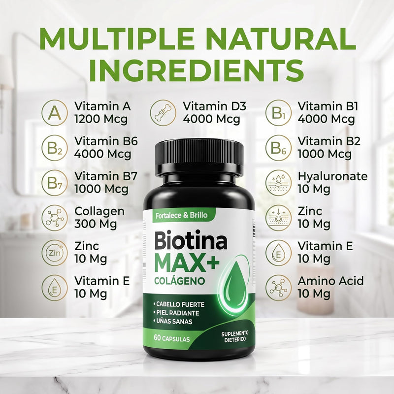 Biotina Max Colageno, Biotin and Collagen Supplements for Strengthens Hair, Improve Skin & Nails, with Vitamins A, B2, B3, B6 and Zinc, Gluten-Free, Non-GMO, 90 Capsules 1