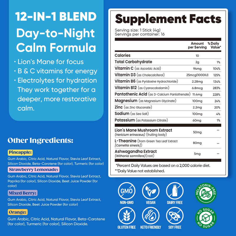 Venture Pal Calm Drink Mix, 12-in-1 Cortisol Reducer & Sleep Aid | Magnesium Glycinate, Ashwagandha, L-Theanine & Vitamin D, Calm Magnesium Powder for Relax & Focus, No Sugar, Non GMO 16 Ounce (Pack of 1) 1-Variety