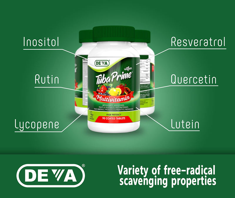 DEVA Tuba Prime Vegan Multivitamin Iron-Free - High-Potency Vitamin & Mineral Dietary Supplement - Antioxidants, Fruit & Vegetable Blend, Super Mushrooms, Probiotics, Prebiotics, Seeds, Herbs 90 Tabs 90 Count (Pack of 1)