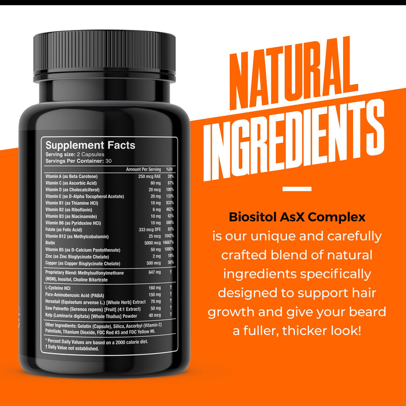 Wild Willies Beard Growth Vitamins - Natural BioSitol ASX Complex Beard Growth Supplements for Men - 60 Capsules Anti Hair Loss Pills - Supplement for Fuller Thicker Beard Support, Prevent Itchiness Beard Growth Supplement