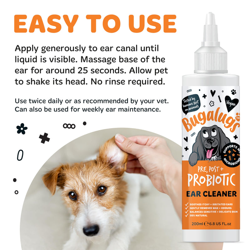 BUGALUGS Dog Ear Cleaner with Pro, Pre and Probiotics for dogs that helps soothe itchy ears, remove wax and odours plus dog ear drops support your dogs Microbiome (Probiotic Ear Cleaner 200ml) Probiotic Ear Cleaner 200ml