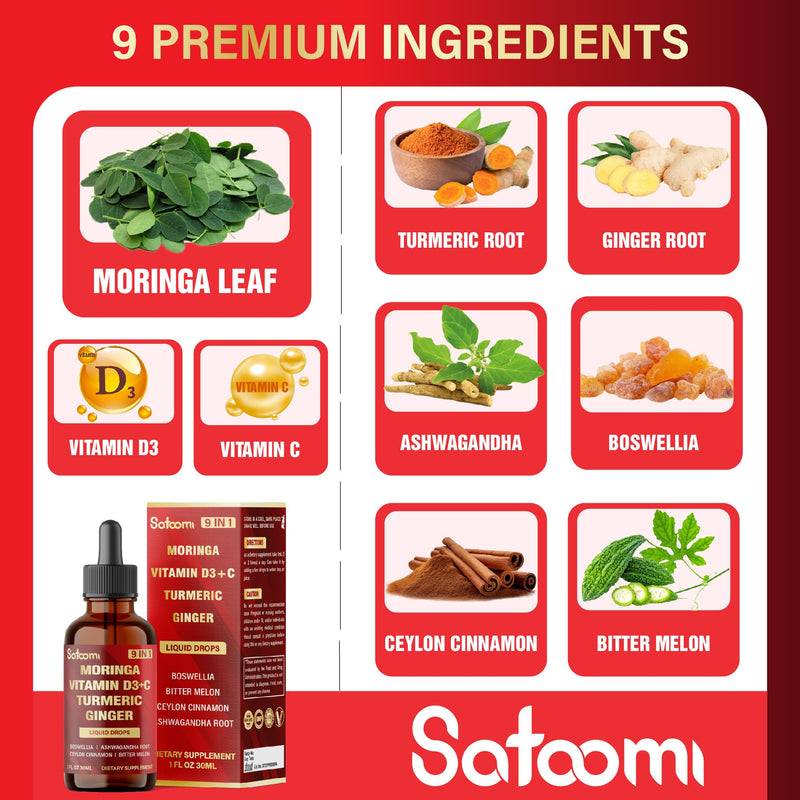 9in1 Moringa Liquid Drops with Vitamin D3-C, Ceylon Cinnamon, Ashwagandha, Ceylon Cinnamon, Bitter Melon and More - Immune System - 1 FL Oz - 30 Day Supply