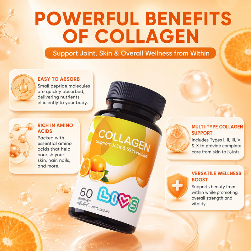LIVS Collagen Gummies – Supports Skin, Hair, Nails & Joint Health | Hydrolyzed Collagen Supplement for Women & Men | Natural Orange Flavor | Gluten Free & Non-GMO | 120 Gummies/60 Servings 60 Count (Pack of 2)