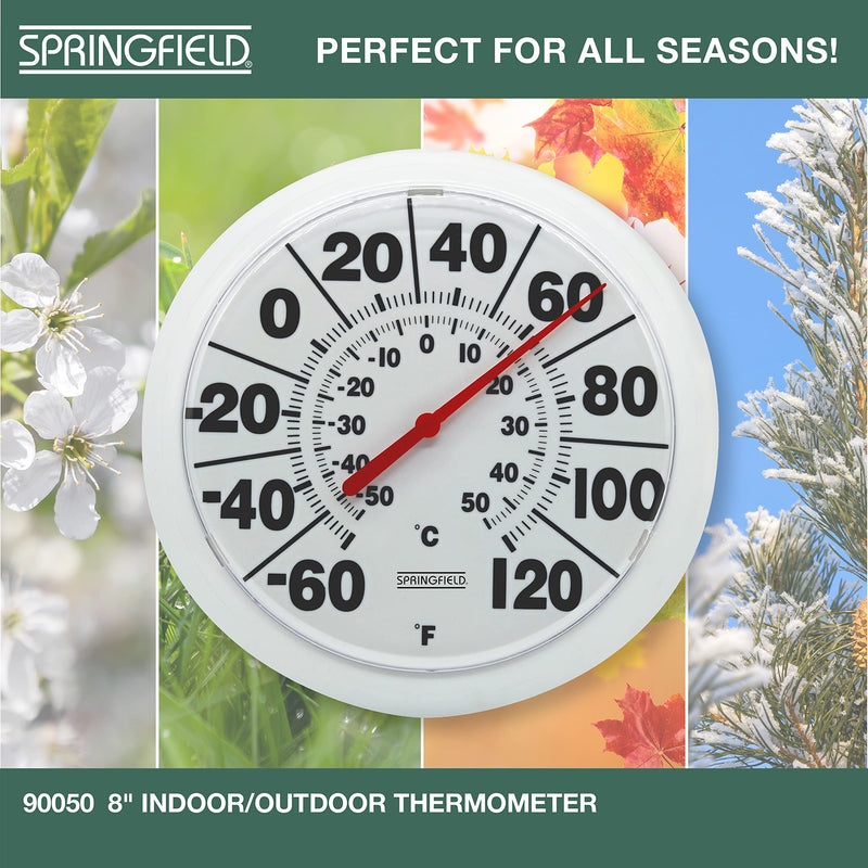 Springfield Indoor Outdoor Big and Bold Dial Thermometer, Wireless Thermometer with Easy to Read Large Numbers for Patio, Pool, and Indoor Areas, 8-Inch, White No Size