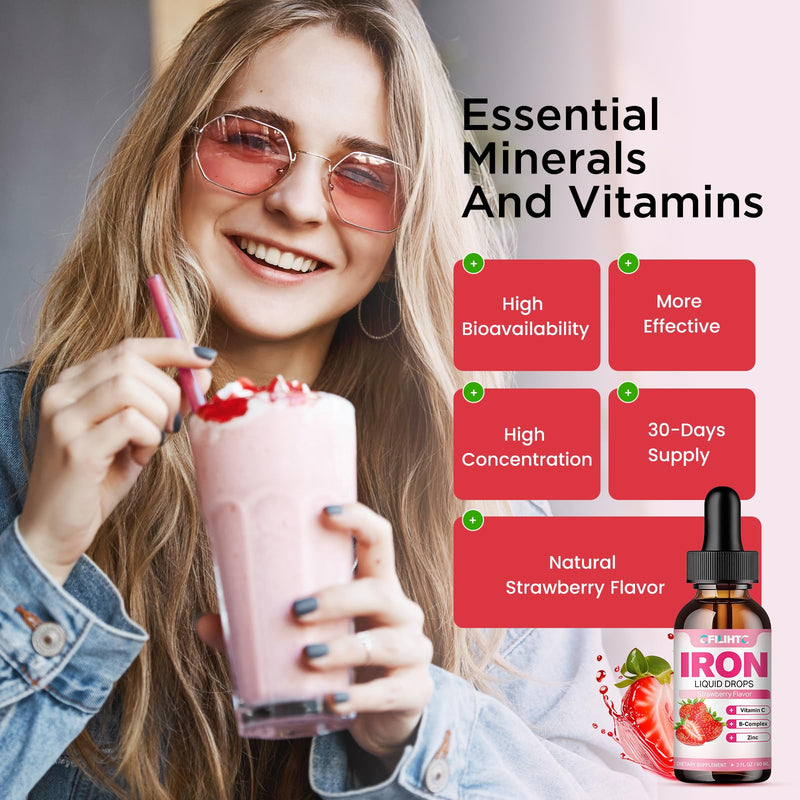 Liquid Iron Supplement for Women Men & Kids Multivitamin Iron Drops with Folate, Vitamin C, B6, B12, Zinc for Anemia, Iron Deficiency, Blood Builder, Energy - Natural Strawberry Flavor, Vegan 2 Fl Oz 2 Fl Oz (Pack of 1)